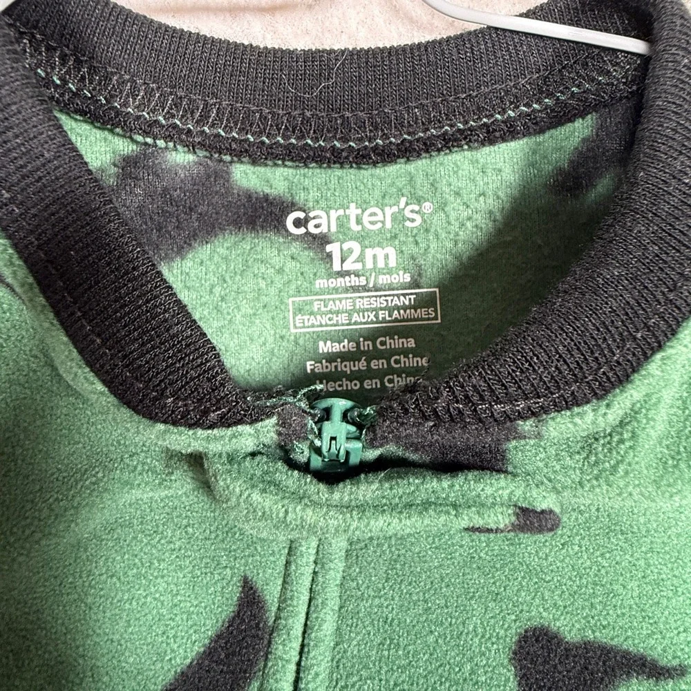 Carters Baby Boys Green Black Dinosaur Fleece Footed Sleeper Pajamas 12M